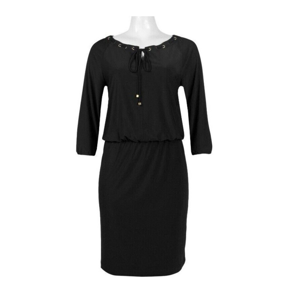 NINE WEST Mini Black Dress Gold Grommets Size 10 3/4 Sleeve Stretch Cinched Tie